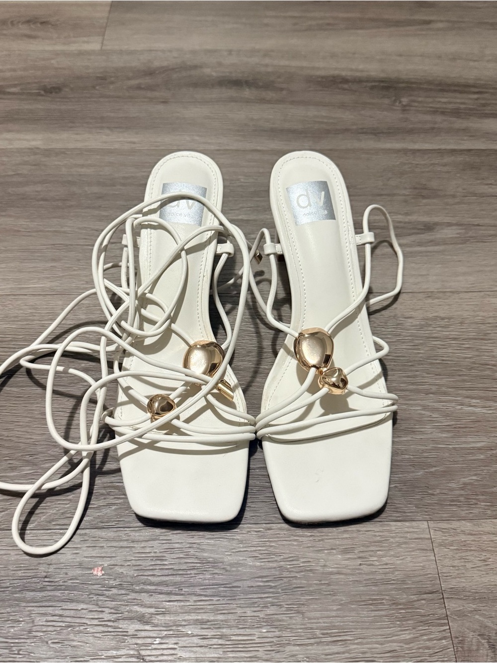 Dolce Vita White Lace-Up Square-Toe Heel Sandals with Gold Accent